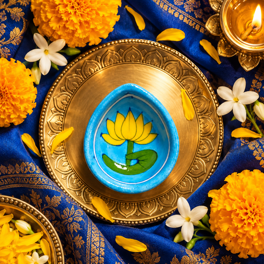 Handpainted Ceramic Diya - Jaipur Blue Pottery Art - Sky Blue