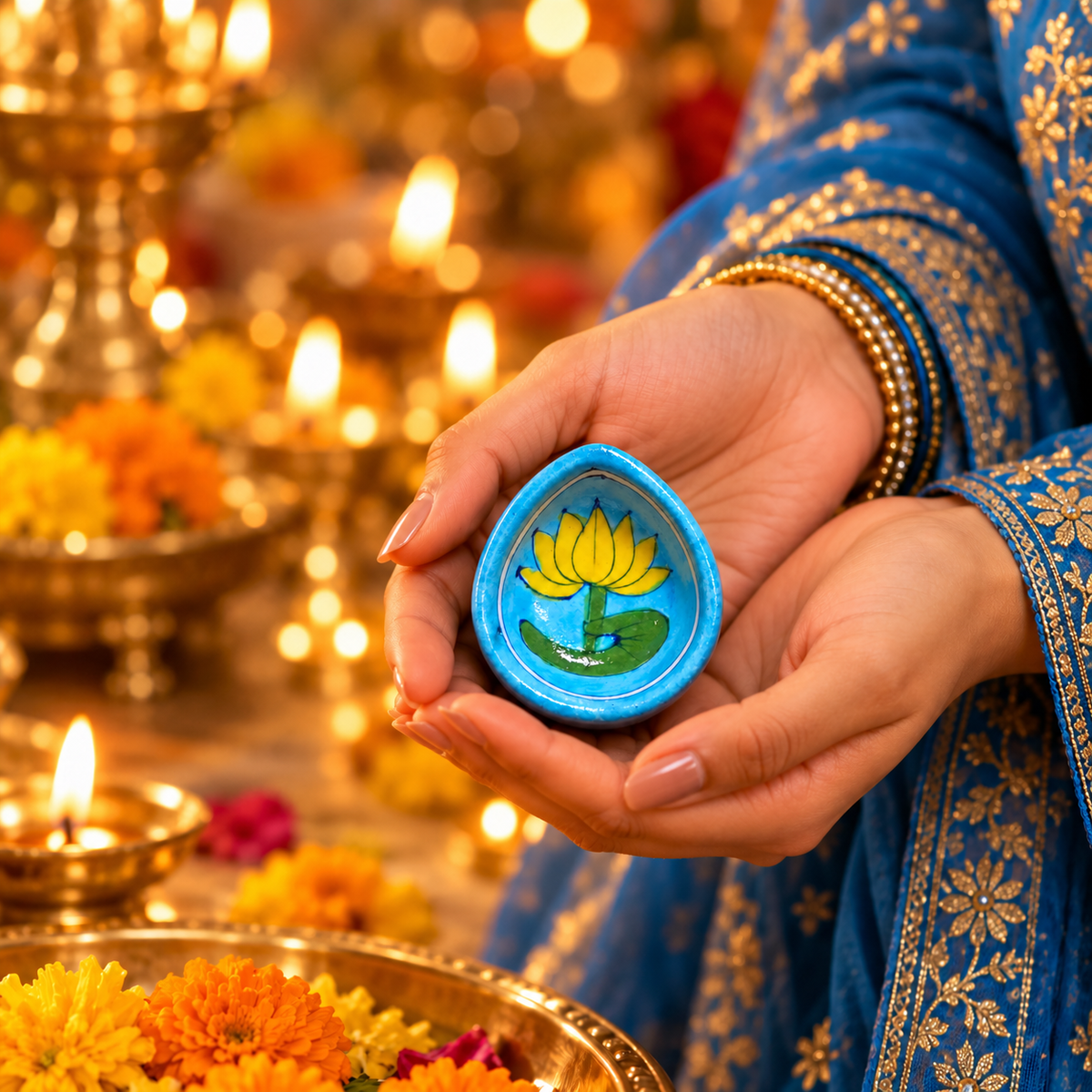 Handpainted Ceramic Diya - Jaipur Blue Pottery Art - Set of 4