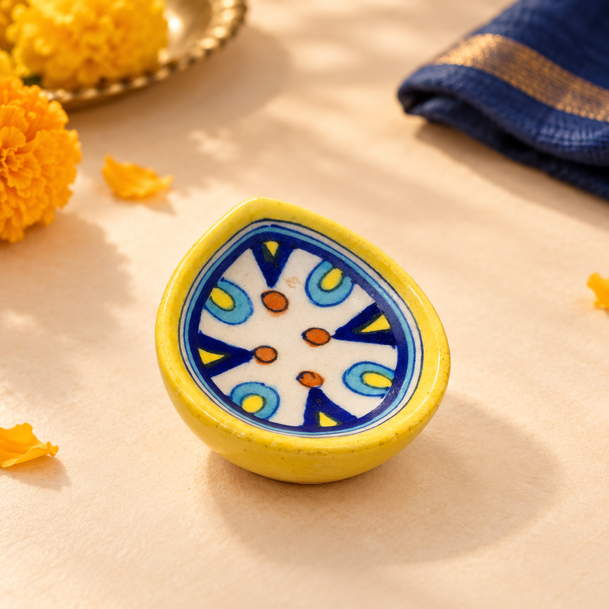 Handpainted Ceramic Diya - Jaipur Blue Pottery Art - colorful