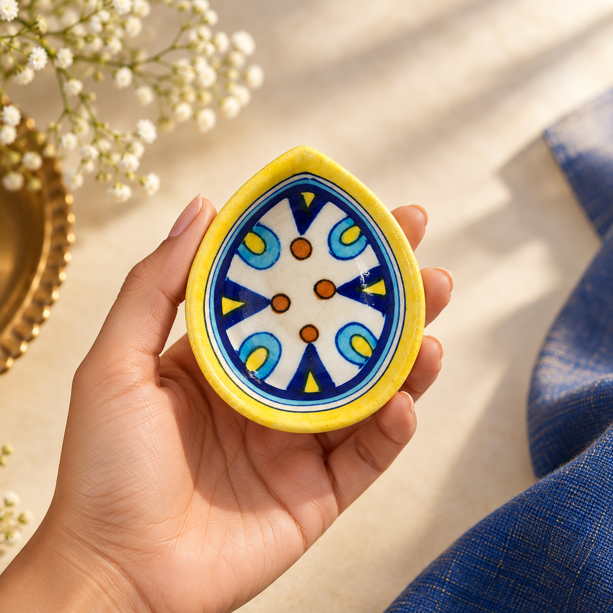 Handpainted Ceramic Diya - Jaipur Blue Pottery Art - colorful
