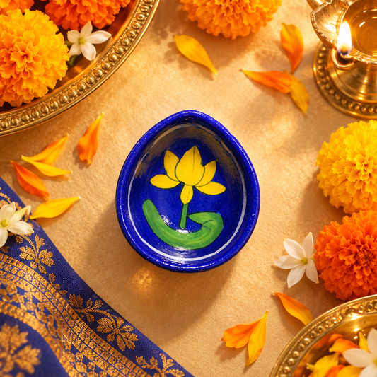 Handpainted Ceramic Diya - Jaipur Blue Pottery Art - Blue