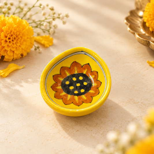 Handpainted Ceramic Diya - Jaipur Blue Pottery Art - Yellow