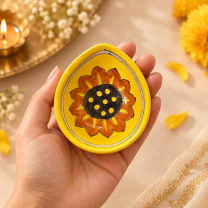 Handpainted Ceramic Diya - Jaipur Blue Pottery Art - Yellow