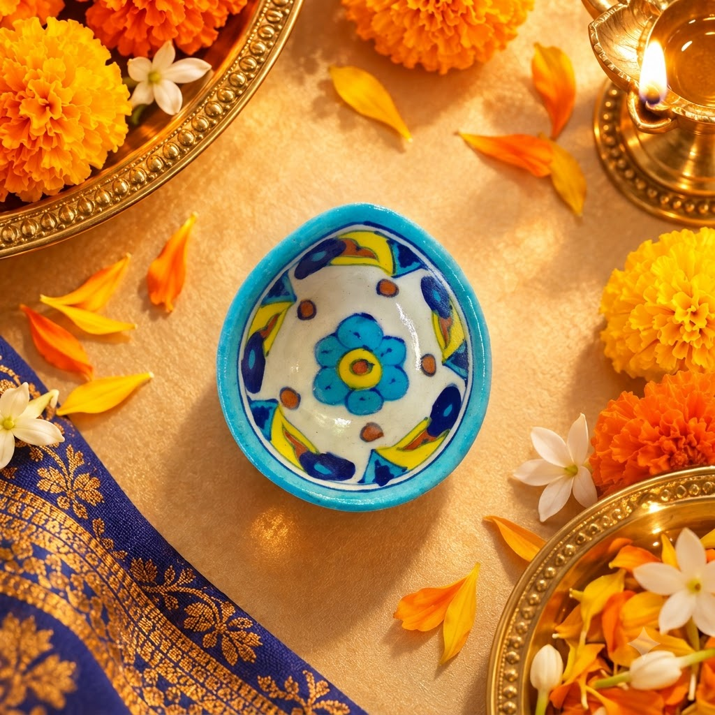 Handpainted Ceramic Diya - Jaipur Blue Pottery Art - blue-colorful