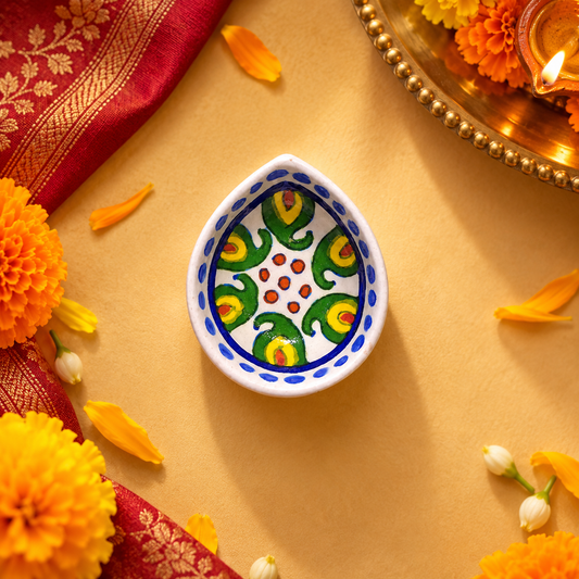 Handpainted Ceramic Diya - Jaipur Blue Pottery Art - White