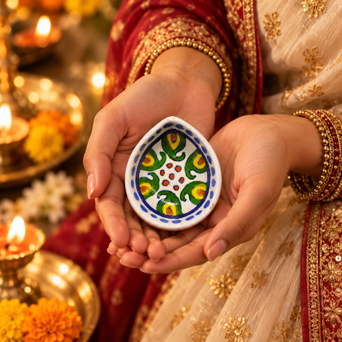 Handpainted Ceramic Diya - Jaipur Blue Pottery Art - White