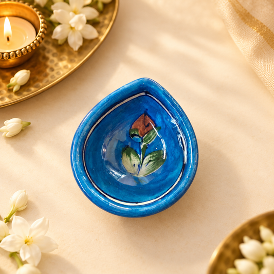 Handpainted Ceramic Diya - Jaipur Blue Pottery Art - Skyblue-Flower