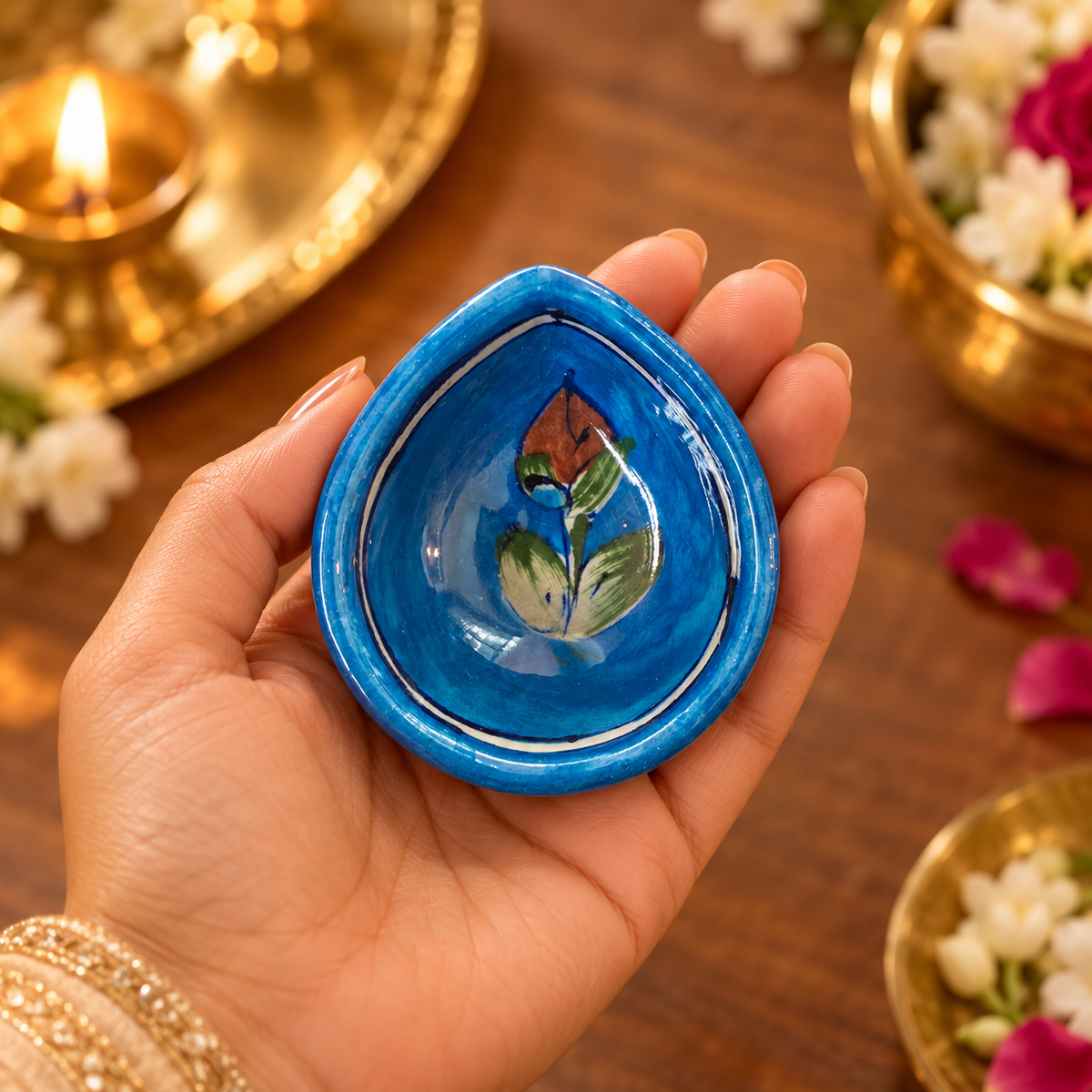 Handpainted Ceramic Diya - Jaipur Blue Pottery Art - Skyblue-Flower