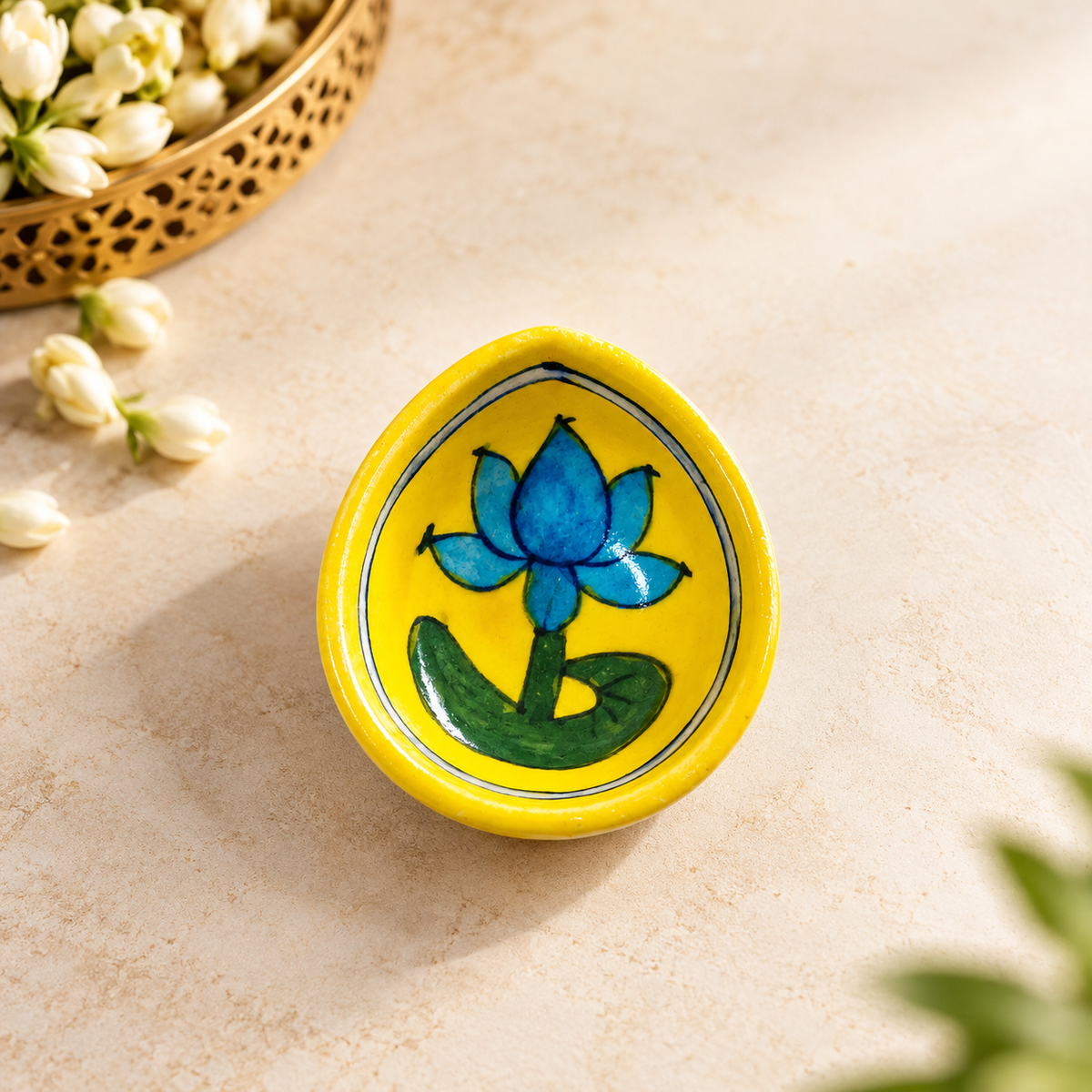 Handpainted Ceramic Diya - Jaipur Blue Pottery Art - Yellow-Lotus