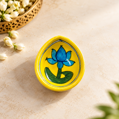 Handpainted Ceramic Diya - Jaipur Blue Pottery Art - Yellow-Lotus