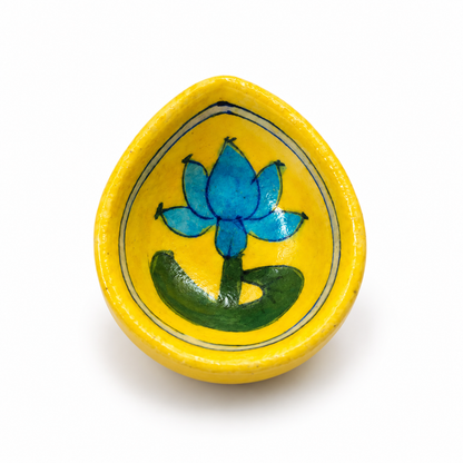 Handpainted Ceramic Diya - Jaipur Blue Pottery Art - Yellow-Lotus