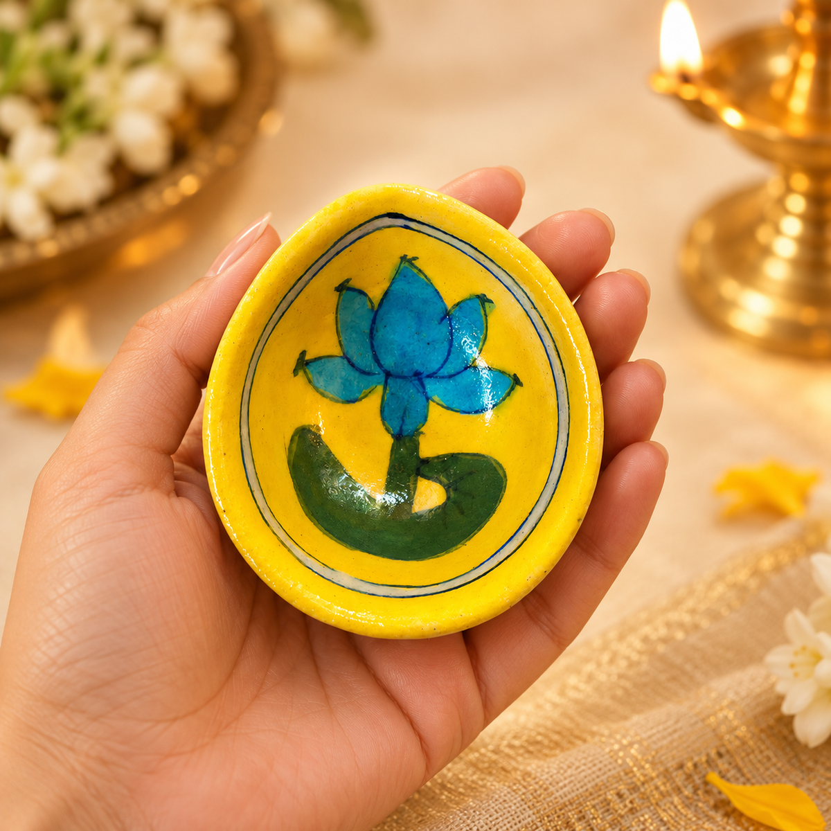Handpainted Ceramic Diya - Jaipur Blue Pottery Art - Yellow-Lotus