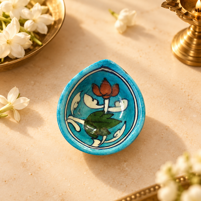 Handpainted Ceramic Diya - Jaipur Blue Pottery Art - Skyblue-Lotus