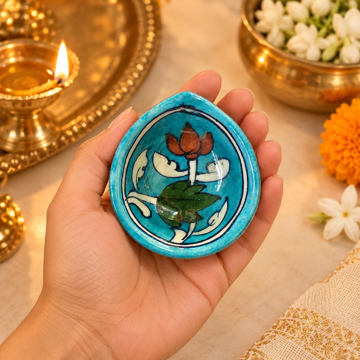 Handpainted Ceramic Diya - Jaipur Blue Pottery Art - Skyblue-Lotus