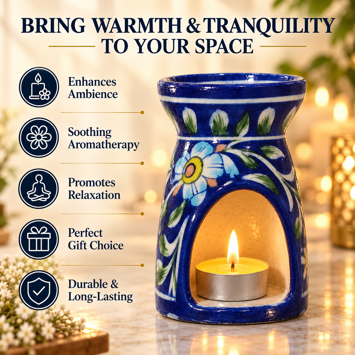 Jaipur Blue Pottery Aroma Diffusers - Indigo Blooms