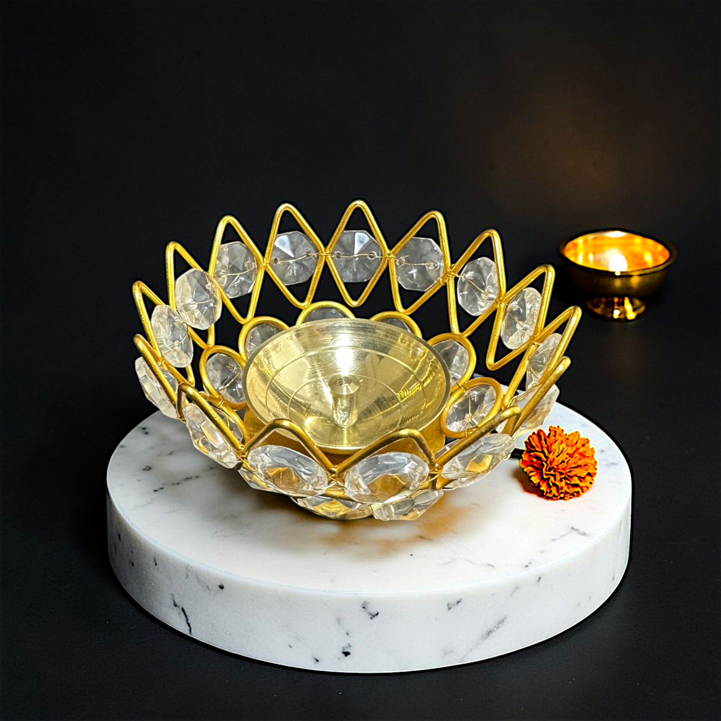 Lotus Shape Crystal Akhand Jyoti Diya Brass