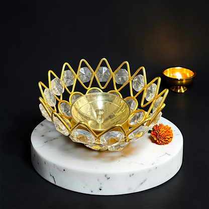 Lotus Shape Crystal Akhand Jyoti Diya Brass
