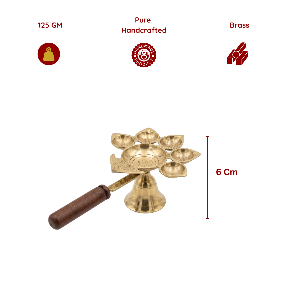 Panch Aarti Diya with Wooden Handle Panchmukhi/Pancha - 2.5 inch