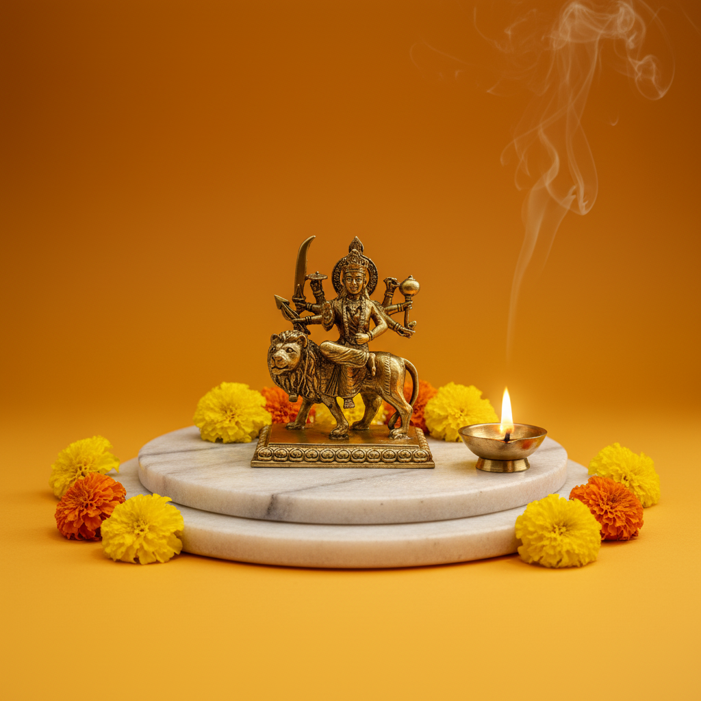 3.7 Inch Brass Sherawali Mata Idol with Base