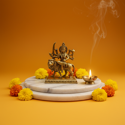 3.7 Inch Brass Sherawali Mata Idol with Base