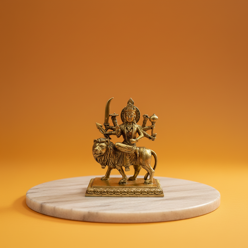3.7 Inch Brass Sherawali Mata Idol with Base