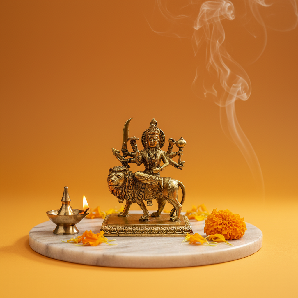 3.7 Inch Brass Sherawali Mata Idol with Base