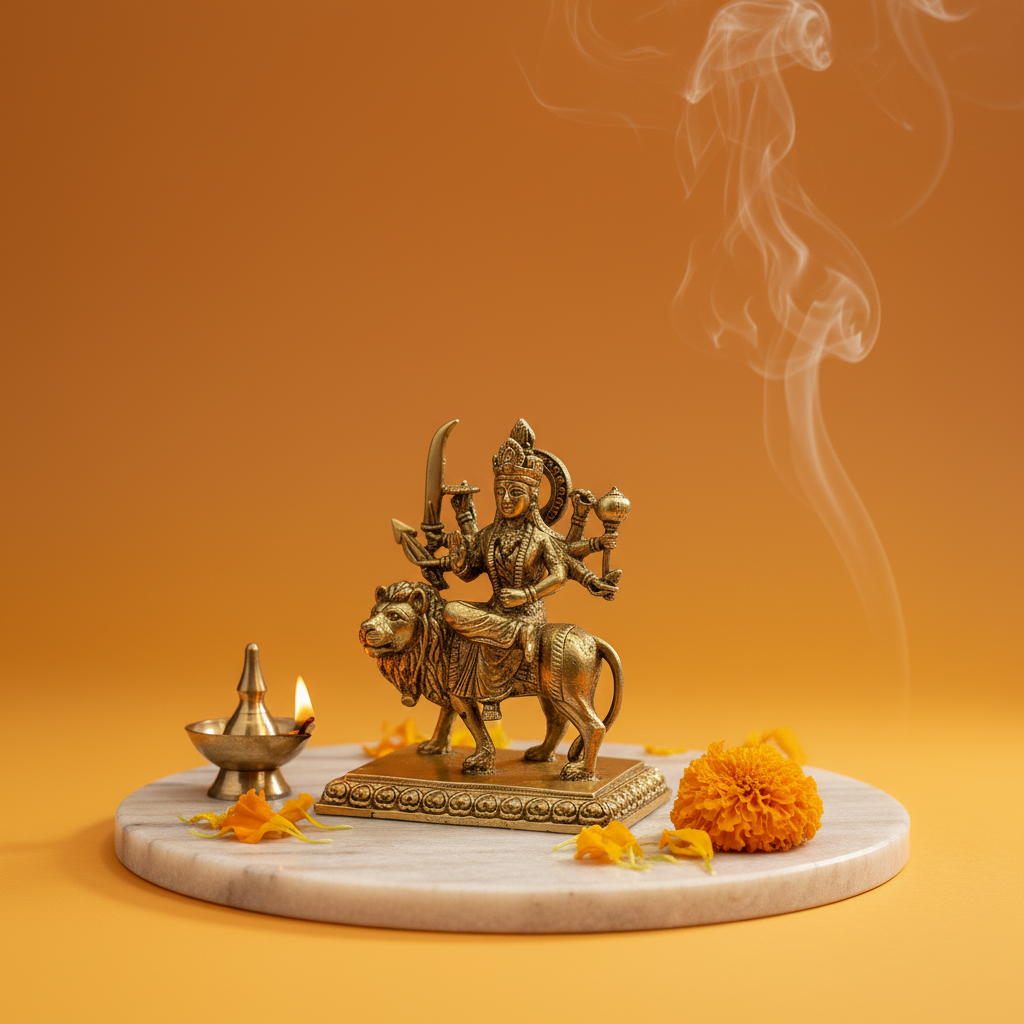 3.7 Inch Brass Sherawali Mata Idol with Base