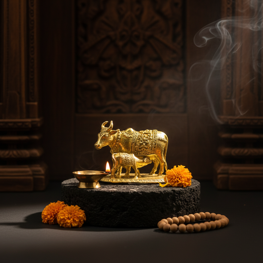 Brass Gau Mata Idol with Base | Kamdhenu - 2 Inch