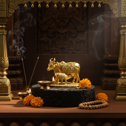 Brass Gau Mata Idol with Base | Kamdhenu - 2 Inch