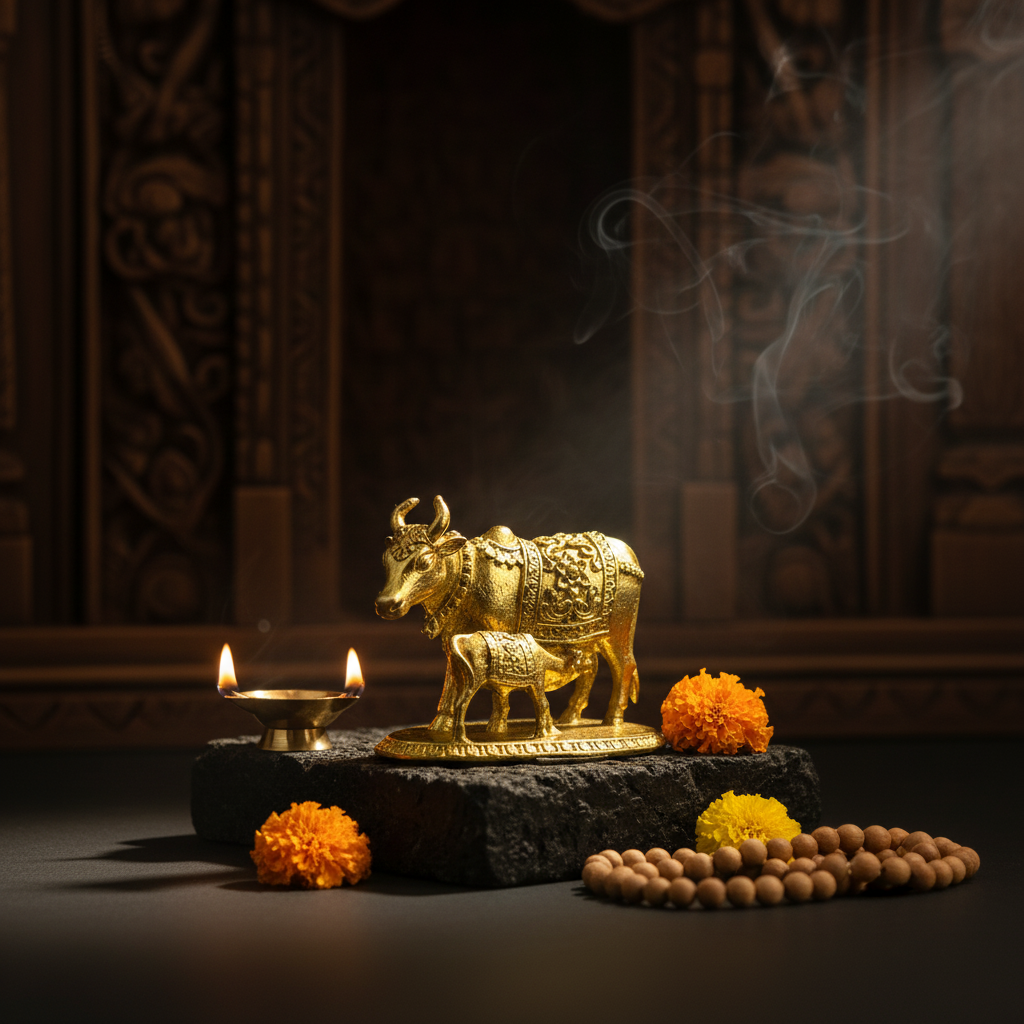 Brass Gau Mata Idol with Base | Kamdhenu - 2 Inch