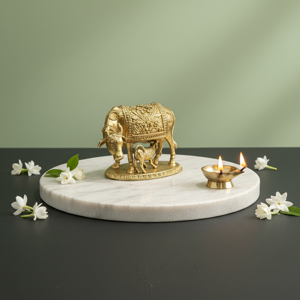 Brass Gau Mata Idol with Base | Kamdhenu - 1.2 Inch