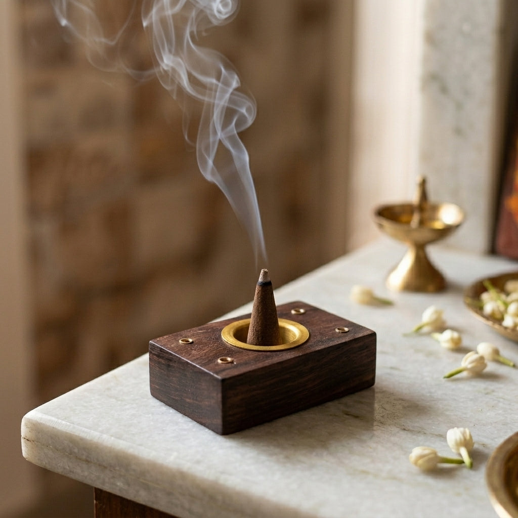Rectangle Base wood Agarbati Stand with Dhoop holder