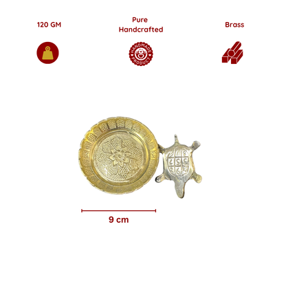 Brass Turtle with Plate and Vastu Shree Yantra on Tortoise