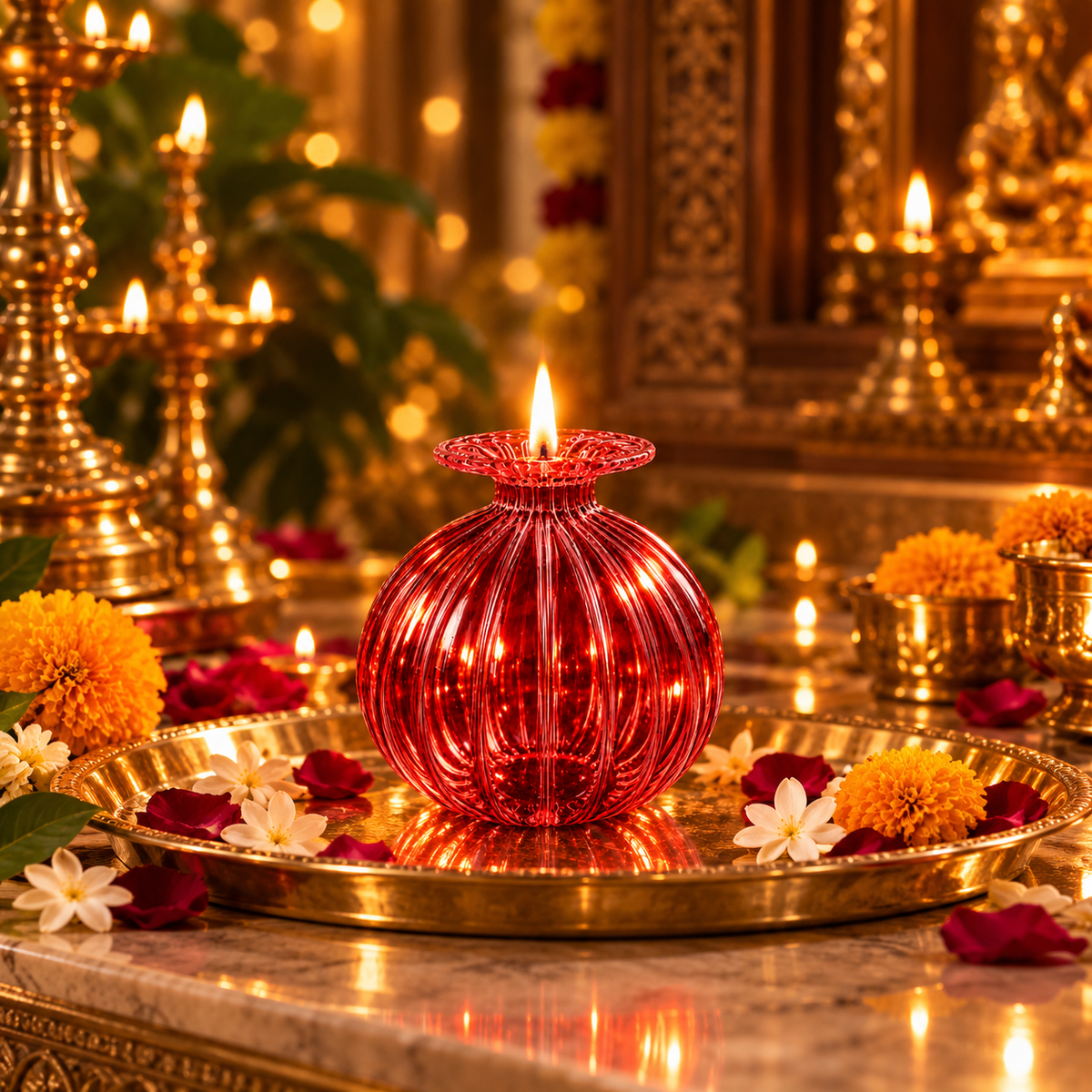 Premium Floral Glass Akhand Diya - Red