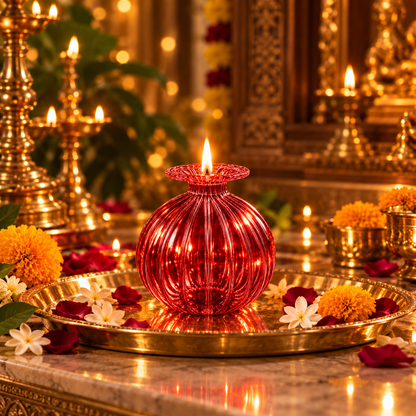 Premium Floral Glass Akhand Diya - Red