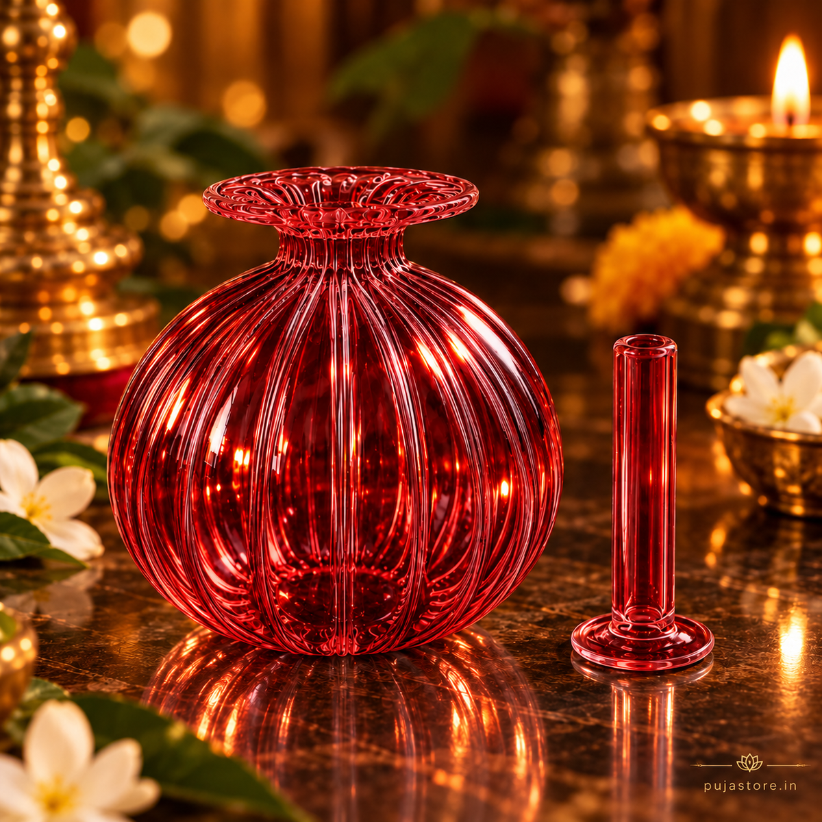 Premium Floral Glass Akhand Diya - Red