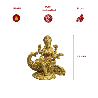 Brass Sarasvati Mata Idol with Base - 2.5 Inch