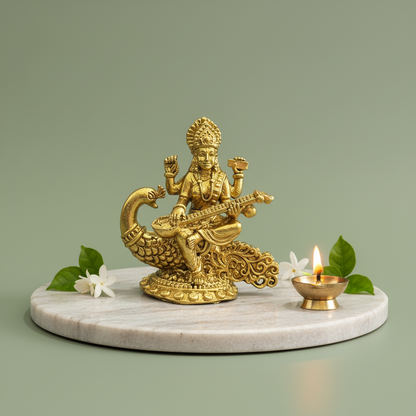Brass Sarasvati Mata Idol with Base - 2.5 Inch