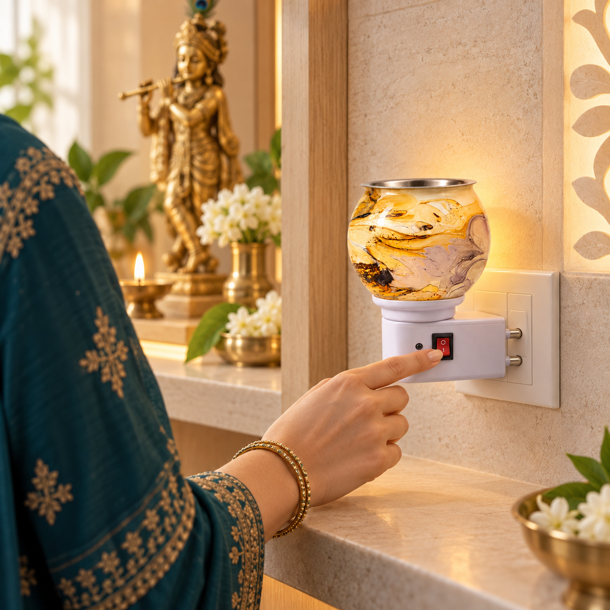 Electric Camphor & Aroma Oil Burner – Golden Marble