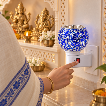 Electric Camphor & Aroma Oil Burner – Blue Ceramic Mosaic Design