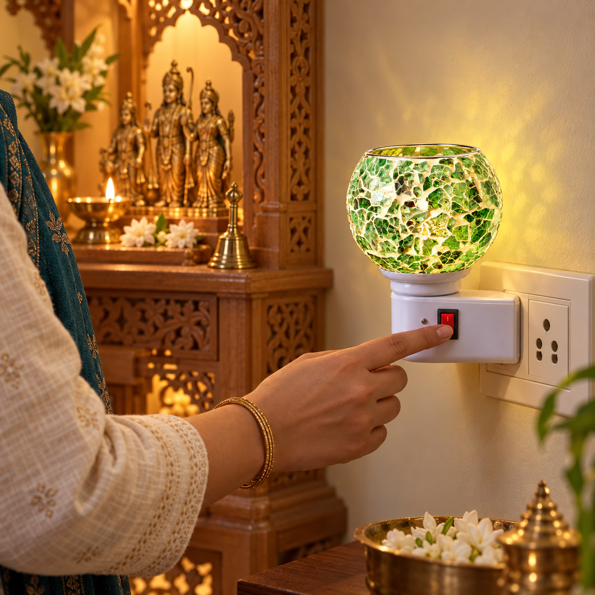 Electric Camphor & Aroma Oil Burner – Green Ceramic Mosaic Design