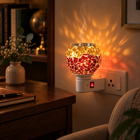 Electric Camphor & Aroma Oil Burner – Red Ceramic Mosaic Design