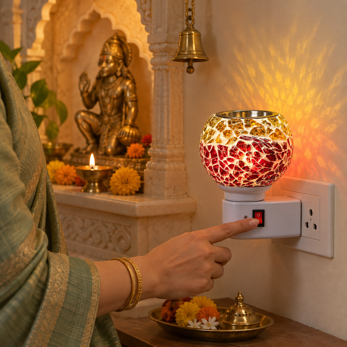 Electric Camphor & Aroma Oil Burner – Red Ceramic Mosaic Design