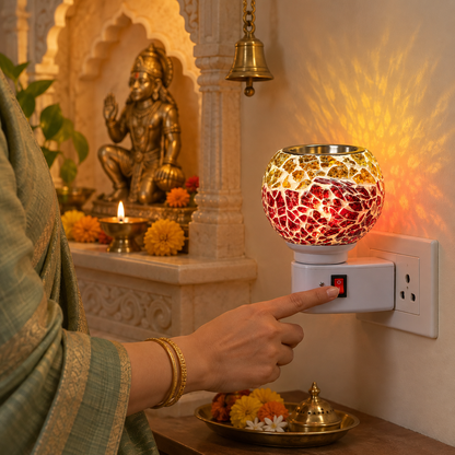 Electric Camphor & Aroma Oil Burner – Red Ceramic Mosaic Design