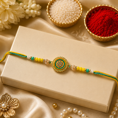 Elegant Flower Design Rakhi - Yellow and Green
