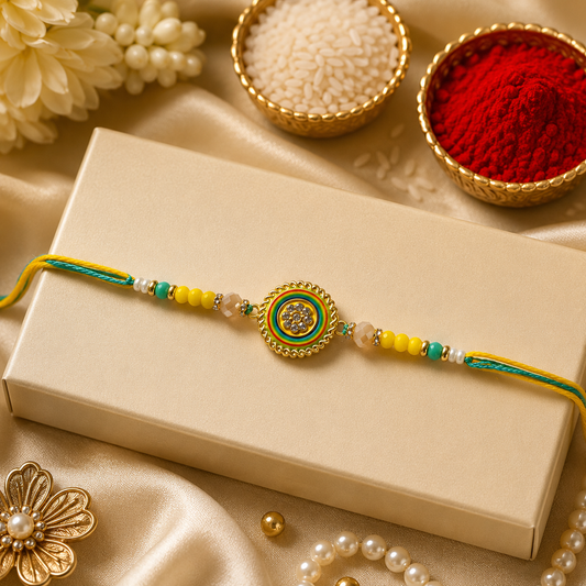 Elegant Flower Design Rakhi - Yellow and Green