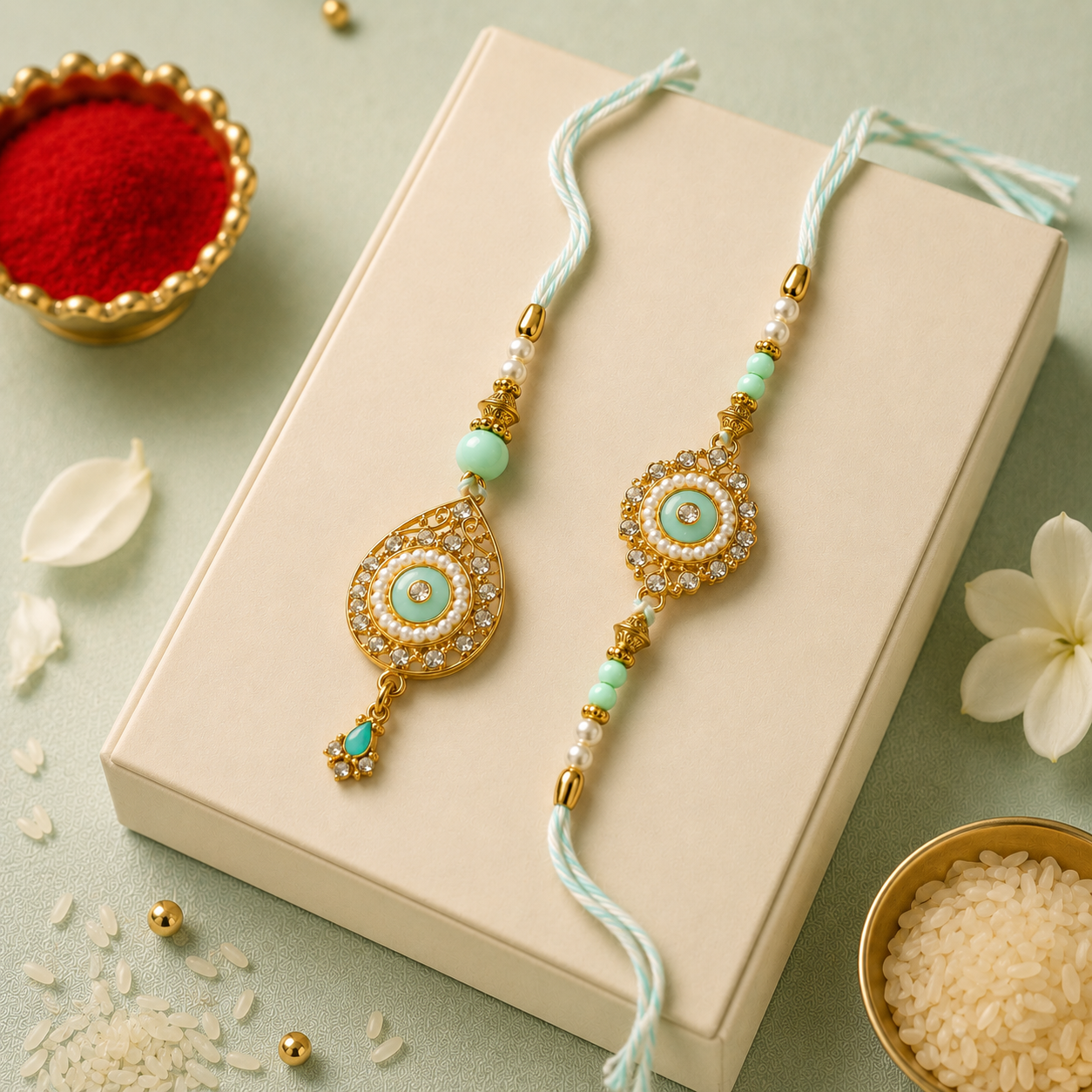 Bhaiya Bhabhi Rakhi Set – Aqua Chakra Crystal Design