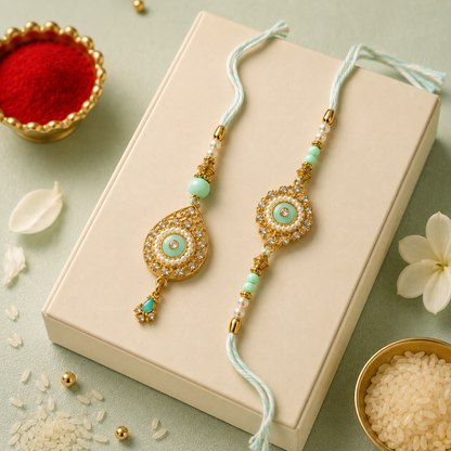 Bhaiya Bhabhi Rakhi Set – Aqua Chakra Crystal Design