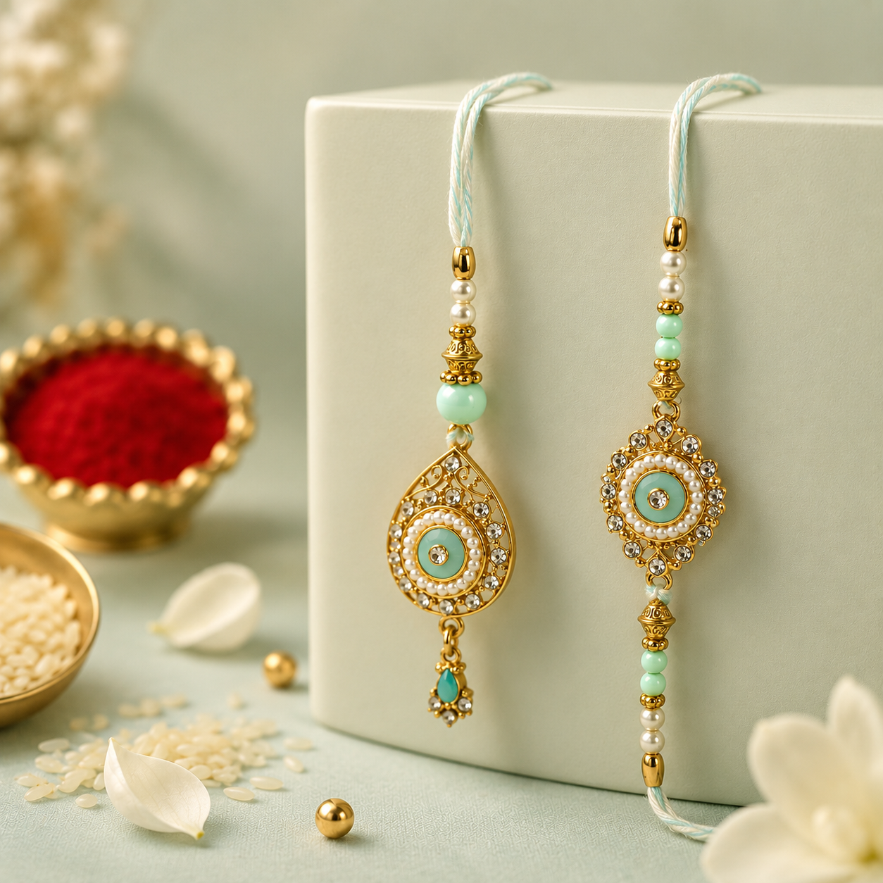 Bhaiya Bhabhi Rakhi Set – Aqua Chakra Crystal Design