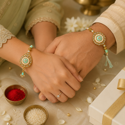 Bhaiya Bhabhi Rakhi Set – Aqua Chakra Crystal Design